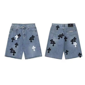 Pantalones cortos vaqueros personalizados para hombres y mujeres Pantalones cortos vaqueros OEM Fabricante Venta al por mayor Moda Streetwear Apliques personalizados Diamantes de imitación - Product Image 1