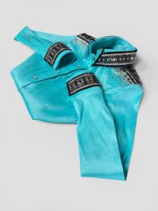 Hermosa camisa de espectáculo occidental de tafetán elástico Aqua Black Charcoal White Color Stone Detailing Collar Cuffs & Shoulders - Product Image 2