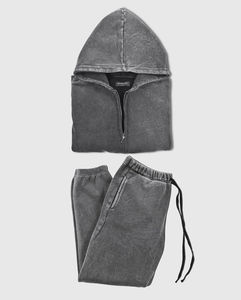 Black Acid Washed Full Zip up Vintage Distressed Stone Acid Washed Streetwear Sweatsuit Flared Sweatpants and Hoodie Sets Hombres - Product Image 2