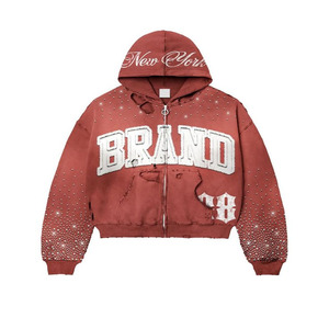 Streetwear personnalisé en détresse brodé Patch strass pull à capuche et pantalons de survêtement ensemble hommes lavage à l'acide survêtement - Product Image 6