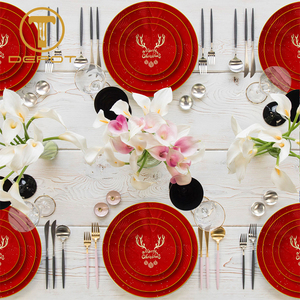 Juego de Platos Festivos Rojos con Borde Dorado, Platos Decorativos para Servir, Vajilla de Porcelana China para Cena Navideña, para Fiestas, Banquetes, Hogar y Cocina - Product Image 4