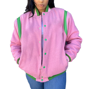 Blouson Bomber Unisexe Personnalisé en Laine Soie/Coton Rose Vert, Style Universitaire Grec, Streetwear, Imperméable, Printemps - Product Image 1