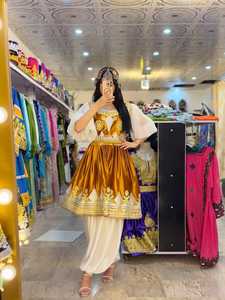 ชุดเดรส Afghani สไตล์วินเทจแบบดั้งเดิมของผู้หญิงชุดเดรสสีฟ้าลูกไม้กระดุมเอวธรรมชาติมีซิปสามารถซักได้ยาวถึงเข่า - Product Image 2