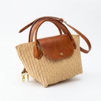 Tas Selempang Bohemian Wanita dari Bahan Rafia dengan Penutup Kulit, Tas Jinjing Portabel Musim Panas, Warna Beige Solid