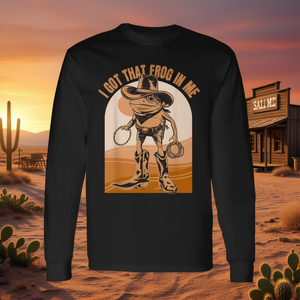 Camiseta Negra de Manga Larga con Diseño de Rana Vaquera 'I Got That Frog in Me' de Wild West Frogs Apparel, Talla Pequeña - Product Image 3