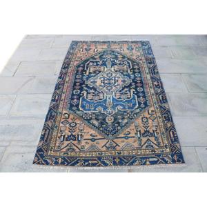 Alfombra Turca, Alfombra Vintage Decorativa de 3.6x6 pies, Alfombra Floral Azul Marrón - Product Image 1