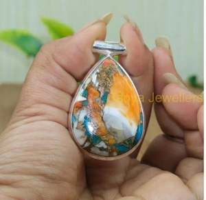 Pendentif en turquoise d'huître à pointes orange, argent sterling 925, grand pendentif en pierre, bijoux en turquoise pour femmes à prix raisonnable - Product Image 2