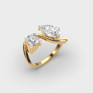 Bague à deux pierres en diamant cultivé en laboratoire certifié IGI, or jaune/blanc et rose 18 carats, diamant en forme de poire et rond, bague Toi It Moi - Product Image 2