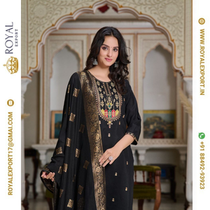 Pantalon Kurti de couleur noire avec broderie attrayante en soie lourde Chanderi de créateur avec une collection unique de Dupatta - Product Image 3