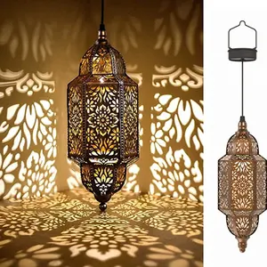 Waterproof Metal Moroccan Outdoor Decorations Vintage Hanging Solar Lights Outdoor Garden Decorative Solar Lantern
