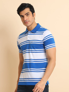 Camiseta de media manga moderna y moderna con cuello de polo Ropa informal en rayas azules blancas 100% algodón Cómoda para cada ocasión - Product Image 4