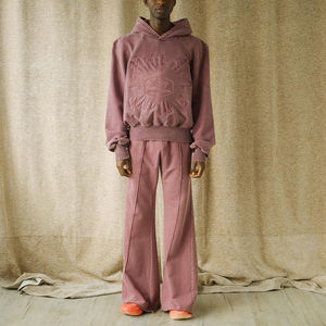 Ensemble de jogging d'hiver pour hommes, logo personnalisé en relief, sweat-shirt unisexe à épaules tombantes, pantalon empilé, sweat à capuche, 100% coton molletonné - Product Image 2