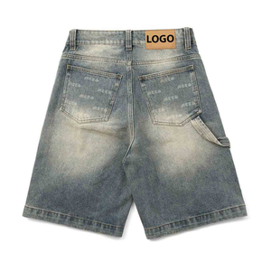 Logotipo personalizado apliques desgastantes bordado costura azul lavado Denim Jorts media doble rodilla Cargo Streetwear pantalones cortos para 3D - Product Image 2