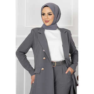 Conjunto de hiyab gris oscuro con detalle de cuello tipo pañuelo, elegante para damas de oficina - Product Image 2