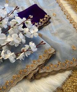 TRAVAIL MANUEL ORGANZA EN TWILL MODERNE AVEC SAREE MULTI TRAVAIL AVEC BLOUSE SANS COUTURE VÊTEMENT DE MARIAGE PRIX DE GROS VÊTEMENT ETHNIQUE BLEU - Product Image 1