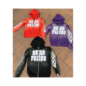 เสื้อมีฮู้ดซิปรูดแบบกำหนดเองสไตล์วินเทจซักกรดพลอยเทียมพิมพ์ลายนูน100% ผ้าฝ้ายฤดูใบไม้ร่วง - Product Image 1