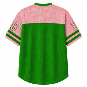 Alfa |   Kapa |   Camiseta de malla para mujer Alpha Sorority, cuello en V, manga corta, verde y rosa, con bloques de color, transpirable, informal - Product Image 3