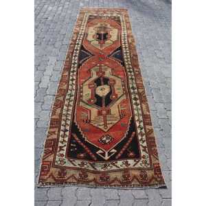 3.3x11.5 ft Rug, Vintage Turkish Rug, <b>Red</b> Patchwork <b>Wool</b> Rug - Product Image 1