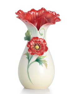Vase de pavot en porcelaine exquis; une sculpture de fleurs rouges et blanches luxueuse et détaillée. Disponible aux prix de gros. - Product Image 1