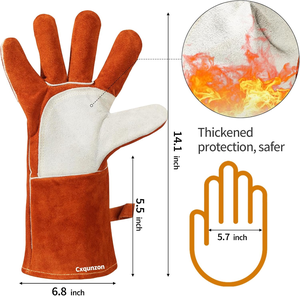 Guantes de doble palma de cuero genuino de 14 pulgadas resistentes al calor de manga larga para Mig Gas diario al aire libre barbacoa horno parrilla chimenea - Product Image 4