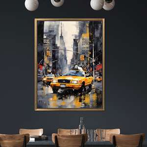 ภาพพิมพ์บนผ้าใบลายแท็กซี่ในนิวยอร์ก - ภาพพิมพ์ทิวทัศน์เมืองสมัยใหม่ - ของตกแต่งผนัง กรอบสีทอง - Product Image 1