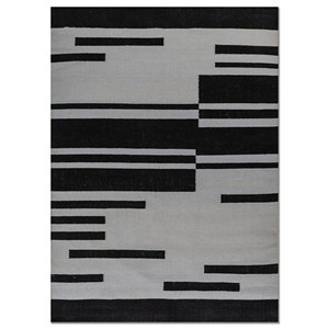 พรมขนสัตว์ทอแบบเรียบ Indusbar Dwrm-180 ลายเรขาคณิตและนามธรรม รูปทรงสี่เหลี่ยมผืนผ้าและลายทาง สำหรับปูพื้นบ้าน สีดำและสีเทา - Product Image 1