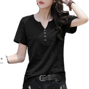 Camisetas Casuales de Algodón para Mujer, Talla Grande, Cuello en V, Manga Corta, con Decoración de Botones, Impresión Digital - Product Image 2