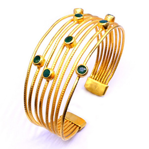 Women's Wedding Wear <b>Sterling</b> <b>Silver</b> 925 <b>Cuff</b> <b>Bracelets</b> with Emerald Gemstones Gold Plating Low MOQ Fashion Accessory - Product Image 1