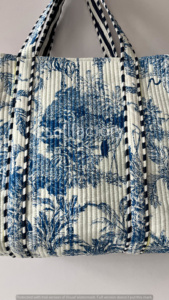 Bleu blanc bloc impression femmes épaule sac fourre-tout matelassé Boho Style bonbons motif à la mode ouvert lavable pour plage pique-nique - Product Image 4