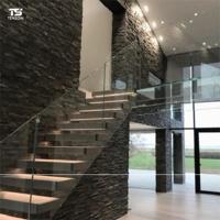 Escalier pliant moderne TENSON avec garde-corps en verre et marches en bois |   Design élégant d'appartement-villa, durable, sûr, en acier inoxydable