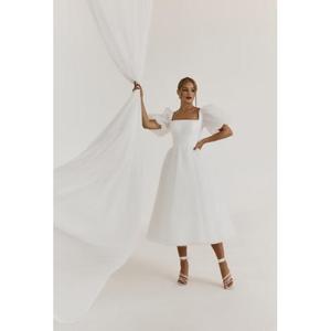 Blanco de manga corta cuello cuadrado espalda con cordones Jacquard vestidos de las mujeres casual MIDI vestido de las mujeres - Product Image 1