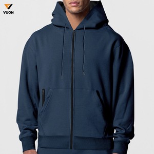 Sweats à capuche épais et unisexe personnalisés Sweat à capuche brodé zippé surdimensionné en coton sans ficelle pour hommes - Product Image 1