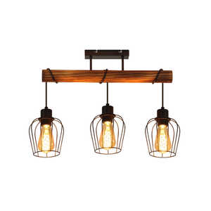 โคมไฟเพดานวินเทจ 3-E27 สีดำ โคมไฟไม้สำหรับห้องนั่งเล่น ปรับความสูงได้ แสงสีขาว 4000K รูปทรงยาว สีดำ โลหะและไม้ - Product Image 2
