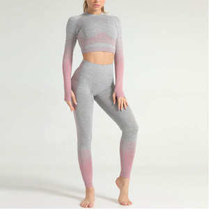 Conjuntos de Yoga de dos piezas de alta calidad para mujer, ropa deportiva atlética de alta elasticidad, conjunto de gimnasio de Yoga de Color único sin costuras - Product Image 1