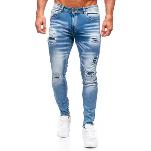 Logotipo personalizado MOQ bajo de secado rápido transpirable Hombres Denim Jean's / OEM Custom Stretch Hombres Skinny Denim Pant Slim Fit Ripped Jeans