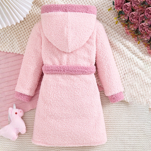 Bata de franela de algodón con bloque de color rosa con cinturón de secado rápido y transpirable lavable a máquina para niñas todas las estaciones - Product Image 3