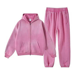 Mode personnalisé broderie impression soleil délavé Double fermeture éclair sweats à capuche et pantalons de survêtement polaire survêtement - Product Image 3