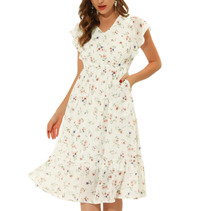 Sostenible sin mangas Floral Wrap Midi Sundress cuello en V con cinturón volantes Bodycon transpirable antiestático OEM servicio disponible - Product Image 5