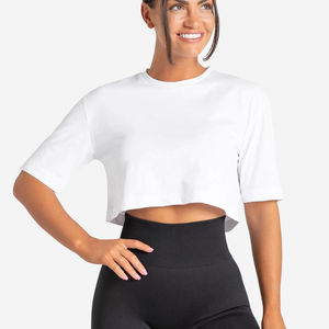 Camisetas cortas hechas a medida para mujer, camisetas cortas de manga corta con cuello redondo en blanco sólido, ropa de Yoga de verano, camisetas recortadas con estampado de logotipo con agujeros de diamantes - Product Image 1