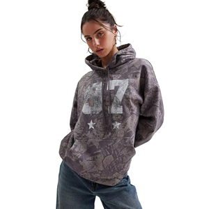 Sweat-shirt à capuche ample pour femme, imprimé sur le devant, style streetwear, délavé à l'acide, impression sérigraphique, 100% coton - Product Image 2