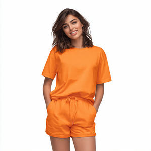 Camiseta de algodón de gran tamaño para mujer, conjuntos de pantalones cortos, Camiseta con hombros caídos, pantalones cortos con cordón, dos piezas para mujer - Product Image 3