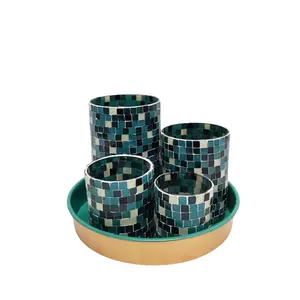 Iron Round Plate With 4 Votive Green & Gold Colour Mosaic Classic Design Metal Votive With Tray For Home & Table Top Decoration