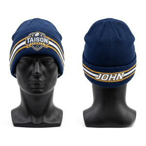 Premium 280 GSM acrylic knit rugby <b>beanie</b> ribbed <b>navy</b> blue white gold stripe custom embroidered jacquard logo - Product Image 1