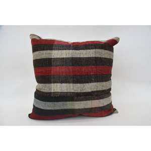 Multicolor Tartan Pattern Wool Kilim Pillow 24x24 Inch Woven Decorative <b>Cushion</b> with Vintage <b>Fluffy</b> Leaves Design - Product Image 1