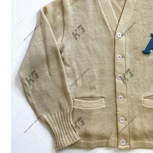 customized casual knitted acrylic <b>cardigan</b> for <b>women</b> and mens chenille patch logo beige <b>cardigan</b> - Product Image 3