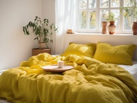 Ensemble de housse de couette en lin moutarde, 3 pièces, lavé, antistatique, style européen, doux, jaune, boutons en noix de coco, ruban, qualité hôtelière