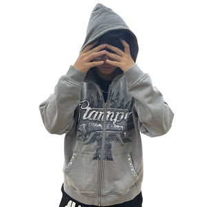 Custom Distressed Washed <b>Thick</b> Cotton Vintage Zip up Hoodies Custom Screen Printing Heavyweight Sun-faded Rhinestone <b>Men</b> <b>Hoodie</b> - Product Image 1