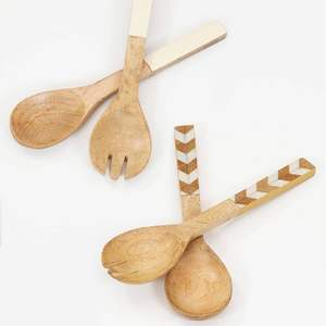 Ensemble cuillère et fourchette à salade en bois écologique, design moderne, avec manche en émail blanc, passe au lave-vaisselle, pour restaurant et usage domestique - Product Image 2