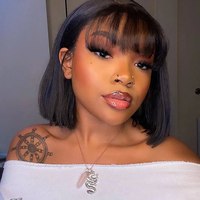 Perruque Bob à Frange Courte en Cheveux Naturels Brésiliens avec Frange, Sans Colle, pour Femme, 3x1
