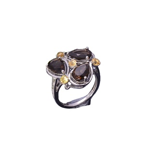 92.5 Sterling <b>Silver</b> Double Stone <b>Silver</b> <b>Ring</b> 4 Gram Natural Smoky Quartz and Citrine Gemstone Finger <b>Band</b> Wholesale - Product Image 1